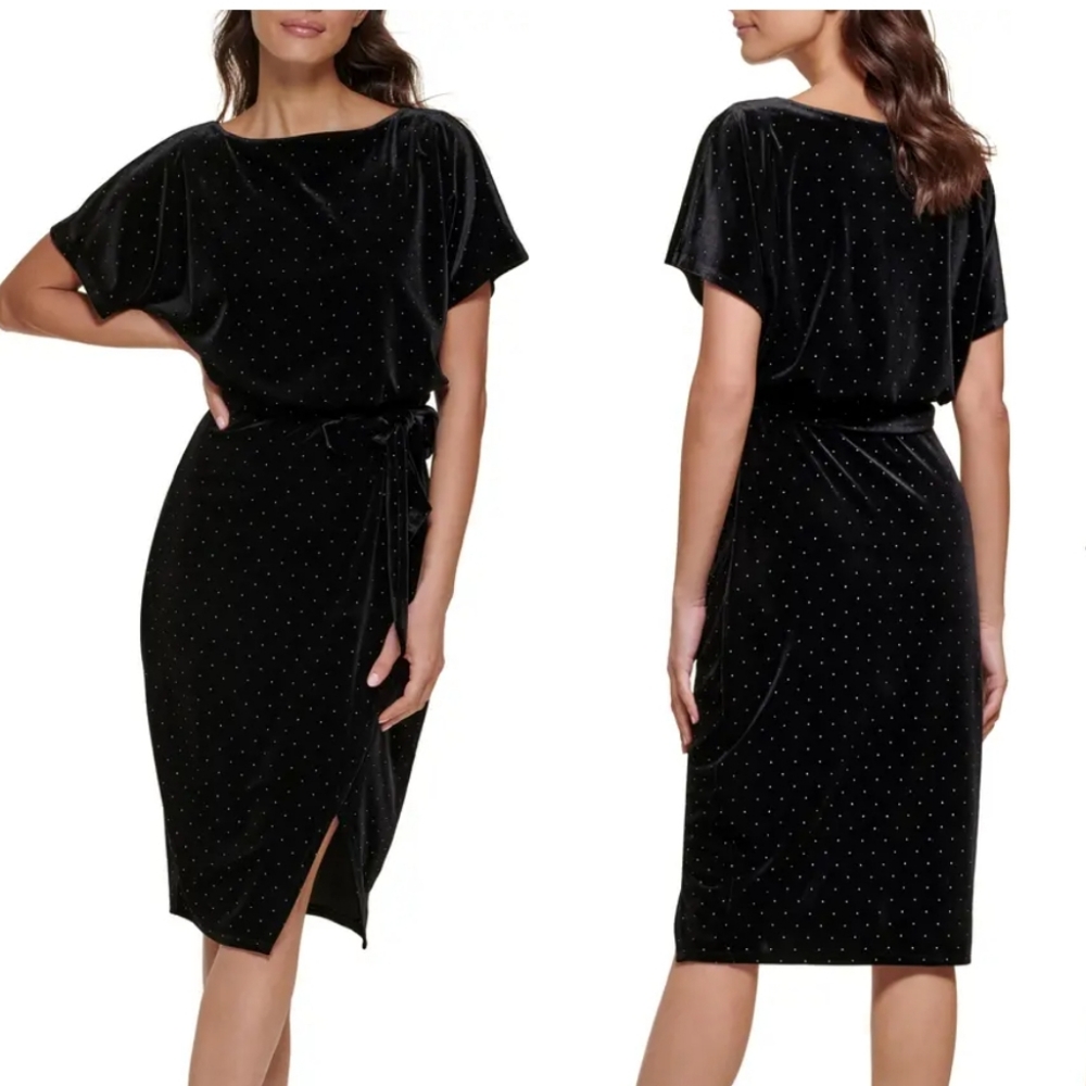 Kensie Studded Stretch Velvet Boat Neck Short Sleeve Dress, Size L